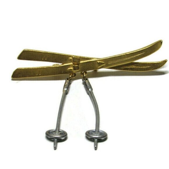 VTG Brooch Pin Snow Skis with Dangling Poles M JentMixed Metal Colors